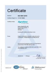 Certificat Systec ISO 9001 pour les normes les plus élevées en matière de gestion de la qualité