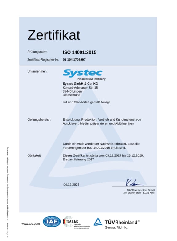 Certificat : Gestion environnementale Systec selon ISO 14001