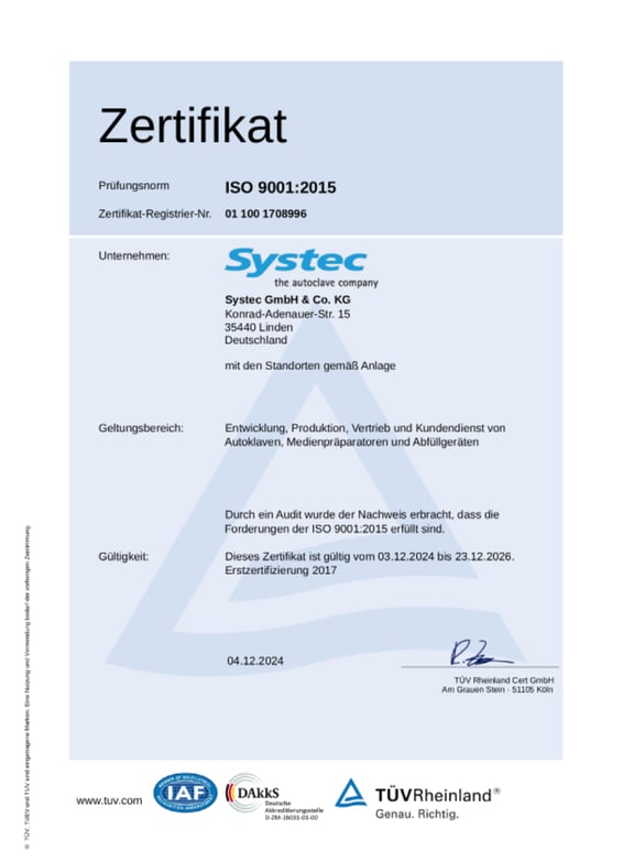 Certificat : Gestion de la qualité Systec selon ISO 9001